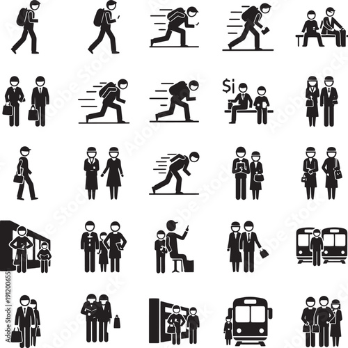 People commuting and traveling with luggage and transportation