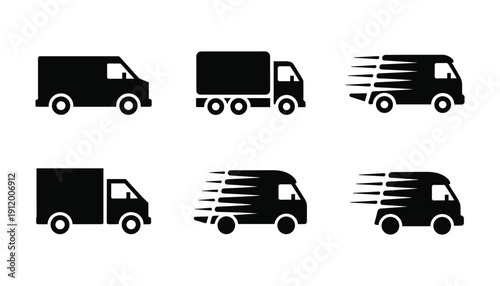 Delivery Truck Icons Set Fast Shipping Cargo Van and Logistics Transport Silhouette Vector Collection