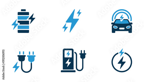 Electric Vehicle Charging Icons Set EV Charger Battery Plug and Car Energy Blue Vector Collection