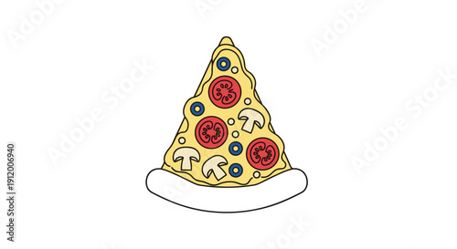 Creative and festive illustration of a slice of vegetarian pizza shaped like a christmas tree, with colorful toppings as ornaments.