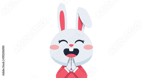 Adorable smiling white rabbit character with closed eyes and blushing cheeks, wearing a red top with hands clasped in a grateful gesture.