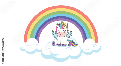 Adorable cartoon baby unicorn with wings and a golden horn sitting peacefully on a fluffy cloud underneath a vibrant seven-color rainbow.