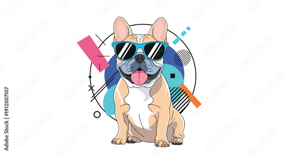 Naklejka premium Cool French bulldog wearing stylish blue sunglasses, sitting in front of a colorful retro 80s-style abstract geometric background design.