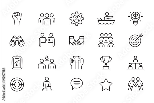 corporate leadership and partnership thin line icon collection