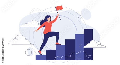 Businesswoman holding a red flag while climbing a bar graph staircase, symbolizing career growth, success, and achieving goals.