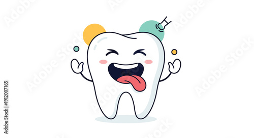 Playful cartoon tooth character with its tongue out, happily getting a check-up with a dental tool in a fun oral hygiene concept.