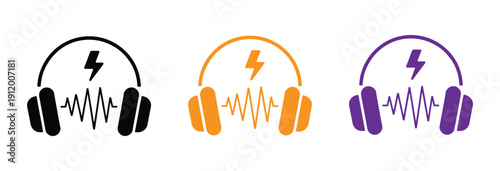   icons featuring a headset with a lightning bolt symbol. Eye-catching headphones with lightning bolt icons in three colors. Perfect for music, audio, and tech themes, adding a dynamic touch to design