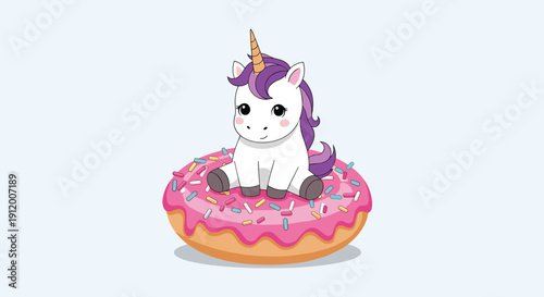 Adorable baby unicorn with a purple mane sitting on top of a giant pink-frosted doughnut with colorful sprinkles on a light blue background.