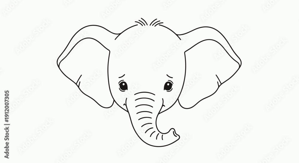 Fototapeta premium Sweet and simple black and white line art illustration of a cute baby elephant's face with large ears and a curved trunk.