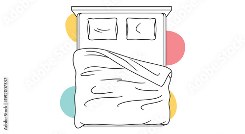 Top-down line art illustration of a messy unmade double bed, set against a background of four large abstract, colorful circles.