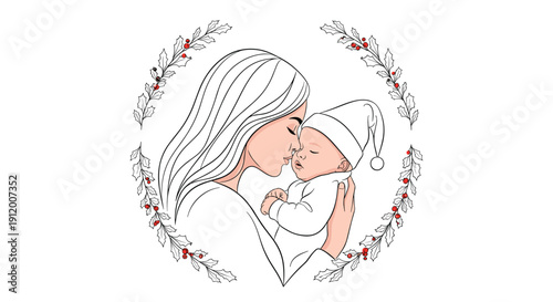 Tender illustration of a mother lovingly holding her sleeping newborn baby, framed by a delicate Christmas wreath of holly and berries.