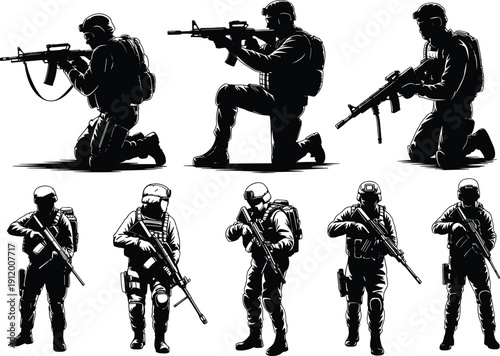 Black and white of soldiers in various combat positions with guns military