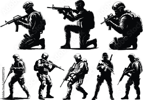 Black and white of soldiers in various combat positions with guns military 1