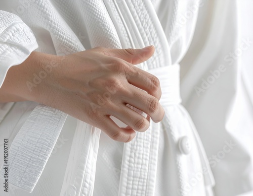 Close Up of a Hand Adjusting a White Karate Gi Belt with Subtle Sparkles on Fabric and Soft Natural Lighting Ideal for Martial Arts Photography