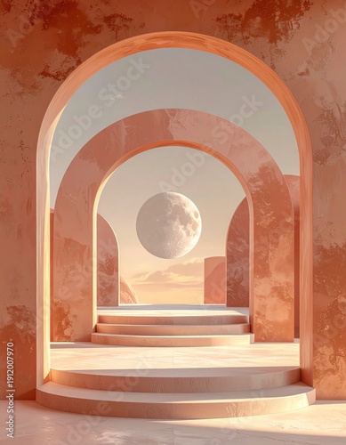 Architectural Arches Frame Expansive Landscape With Large Moon Rising Over Desert Horizon Under Soft Pastel Sky And Warm Sunlight