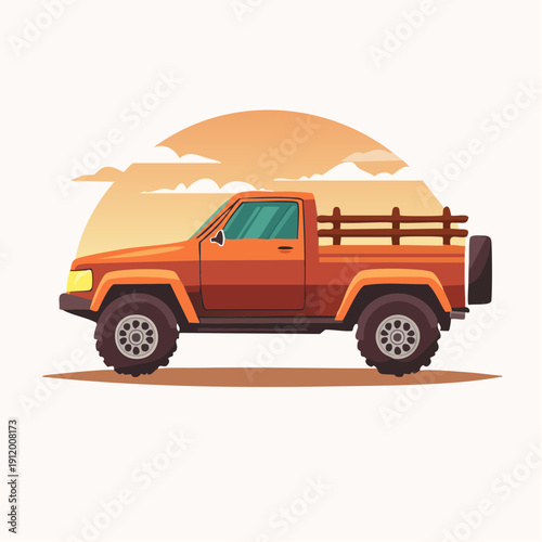 Orange pickup truck with wooden fence in the bed at sunset.