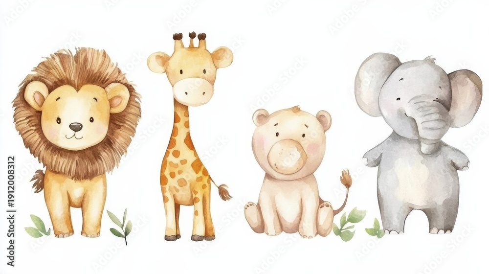 Obraz premium Cute watercolor illustrations of animals like elephants, lions, giraffes, hippos, and bears for children's art projects