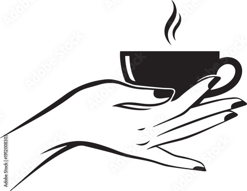elegant female hand holding steaming cup of hot coffee or tea silhouette vector icon black and white