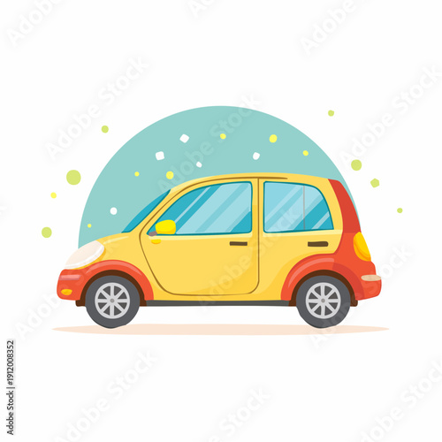 Yellow cartoon car with red accents on a white background.