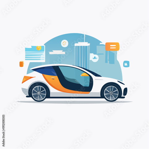 Futuristic self-driving car with cityscape background.