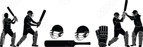 Set, of, black, silhouette, icons, featuring, professional, cricket, players, batting, bowling, and, fielding, isolated, on, white, background, for, sports, competition, graphic, design, projects,