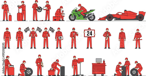 Motorsport Pit Crew and Racing Mechanics Illustration Set with Formula Cars, Motorbikes, Tools, and Professional Trackside Service