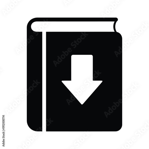 Black and white icon of a book with a download arrow