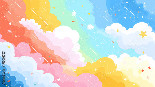 レインボーグラデーションのポップ雲コミック背景 / Rainbow Gradient Pop Comic Cloud Background