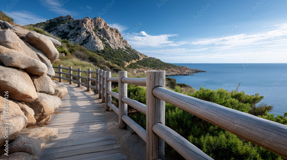 Obraz premium Scenic trail leading to Sardinia coastal view in summer, Mediterranean hiking path, Italian island walkway, seaside access route, with copy space