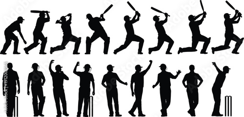 Set of cricket player silhouettes showing batting swing sequence, bowling, fielding, and umpire gestures isolated on white background for sports design illustration collection