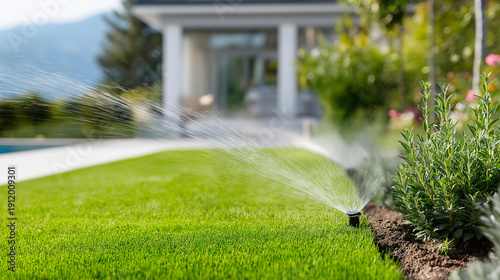 Wallpaper Mural Sprinklers watering green lawn in backyard during sunny day, irrigation system operation, automated lawn care, residential landscape maintenance, with copy space Torontodigital.ca