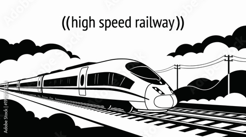 train railway track landscape black and white with high speed passenger locomotive transport infrastructure along modern rail corridor horizon showing travel journey transit motion environment