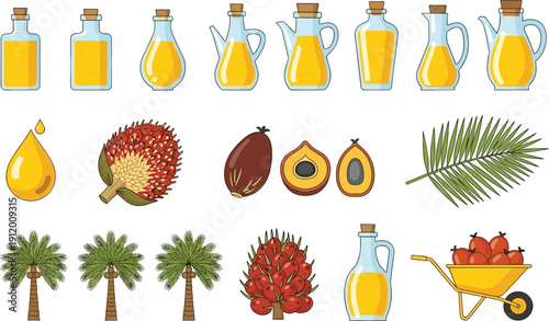Palm Oil Production Illustration Set with Bottles, Fruits, Trees, Leaves, and Agricultural Harvest Elements for Food and Industry Design