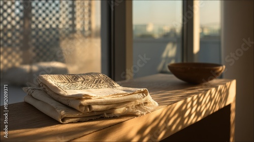 Cozy home interior with sunlit textiles and decorative wooden bowl on shelf