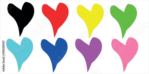 Vibrant heart shapes in multiple colors on white background