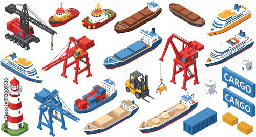 Cargo Shipping and Seaport Logistics Illustration Set with Container Ships, Cranes, Harbor Equipment, and Maritime Transport Elements