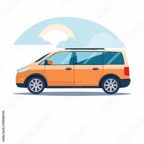 Orange minivan driving on a sunny day with clear blue sky.