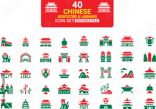 Collection of forty colorful flat design icons representing Chinese architecture and landmarks