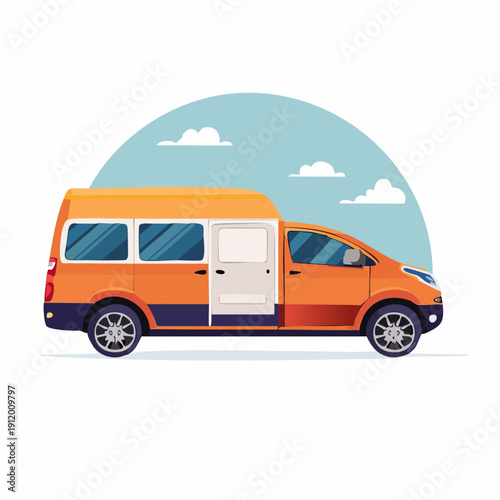 Orange camper van with open door on white background.