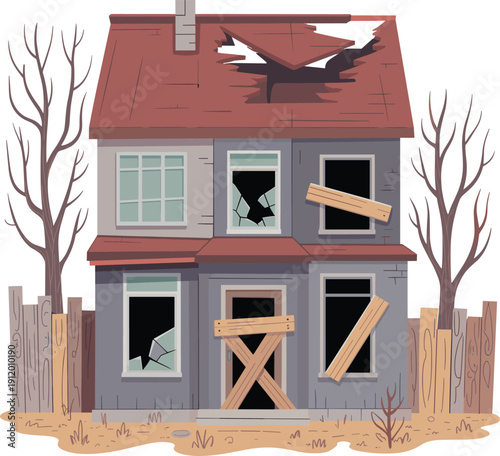 Abandoned haunted house with broken windows and boarded door, spooky horror building exterior, creepy cartoon illustration isolated