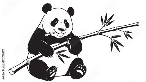Playful panda holding a bamboo branch in a serene monochrome illustration.