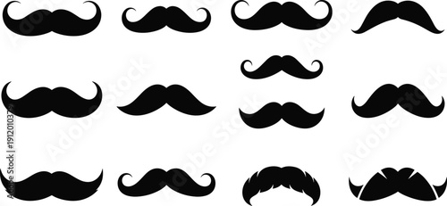 Black Mustache Silhouette Collection Featuring Various Facial Hair Styles Like Handlebar Chevron and Walrus for Barber Shop Branding Movember Awareness Masculine Grooming and Retro Graphic Design
