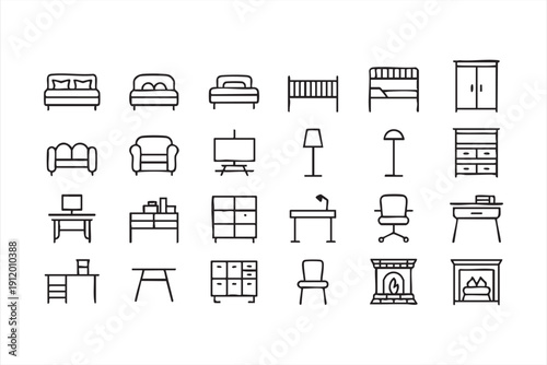 home furniture and interior outline icon set