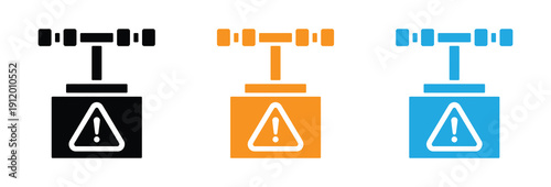 Vibrant warning signs with dumbbells in black, orange, and blue colors for fitness and gym concepts