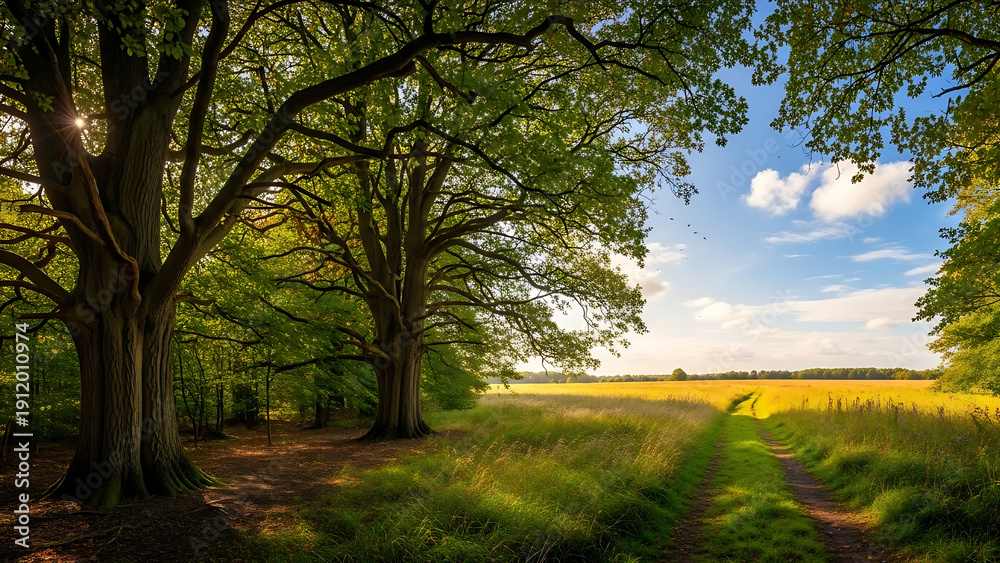 Obraz premium Ancient oak trees standing in green meadow with sun rays filtering through leaves next to dirt path leading into bright yellow field under blue sky