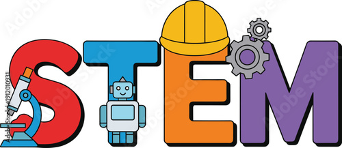 Colorful STEM lettering with microscope, robot, gears and safety helmet, science technology engineering math education concept, cartoon illustration for kids