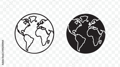 Modern Minimal World Map Globe Icon Set, Black and White Geometric Earth Globe Illustration for Global Business, Travel, and Educational Designs
