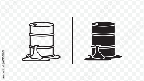 Modern minimal oil barrel icons, black and white line art, industrial symbols for design and branding