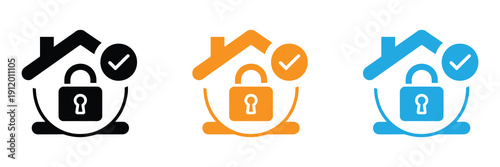 Secure home icons with padlock and checkmark