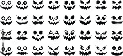 Halloween Pumpkin Faces Silhouette Collection Featuring Creepy Jack O Lantern Expressions Scary Ghost Mouths and Spooky Eyes Vector for Autumn Holiday Party Graphic Design Projects